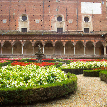 Cloister and flowers, Certosa di Pavia, Italyの写真素材