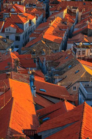 Rooftop View at sunset of buildings of old fortress in Dubrovnik, Croatiaの写真素材