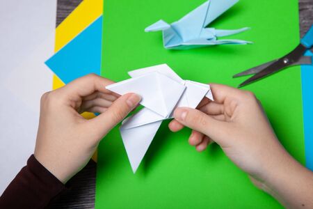 Teenager hands make origami bird figure from white paperの写真素材