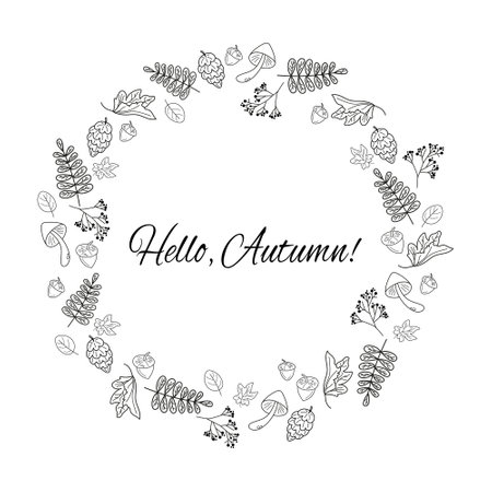 Set of doodle autumn elements on white. Cute vector frame for coloring book, greeting card, print.のイラスト素材