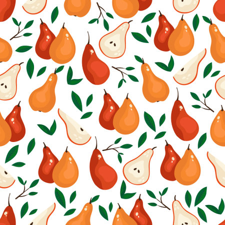 Seamless pattern with pears and leaves on a white background. hand drawn vector. Bright background.のイラスト素材