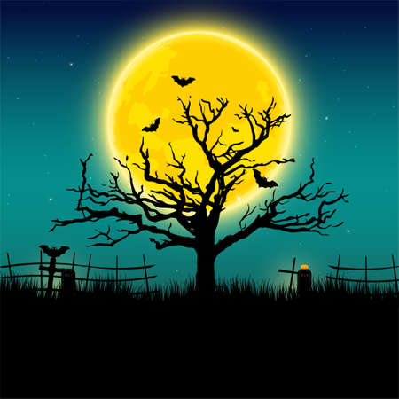Halloween night castle background with grave and full moon. Vector illustrationのイラスト素材