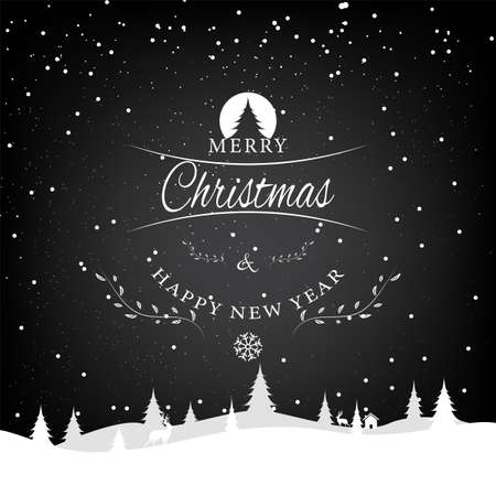 Christmas and New Year Greeting Cards Classical design patterns, black background, snow decoration, pine trees and deer. Vector illustrationのイラスト素材