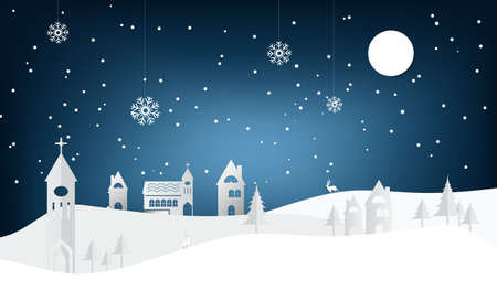 Christmas and New Year Greeting Cards Design with black and blue background paper Snow decoration pine deer and house. Vector illustrationのイラスト素材