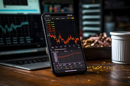 stock chart on a smartphone screen, reflecting fluctuating market trends and providing valuable data for informed decision-making. Generative AIの素材