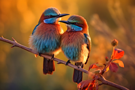 Merops apiasters as they adorn the evening sky. Against the backdrop of a colorful sunset, these European Bee-eaters paint a vibrant picture of nature's orchestra. Generative AIの素材