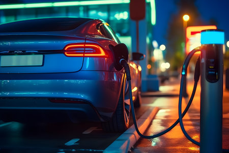electric car charging at a gas station, showcasing the shift towards sustainable mobility and clean energy. Generative AIの素材
