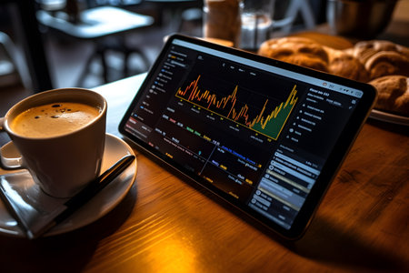 A close-up shot of a tablet screen displaying real-time financial graphs and charts amidst the cozy ambiance of a contemporary coffee shop. Generative AIの素材