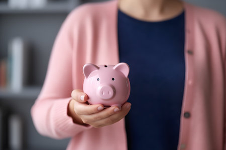 confident businesswoman holds a piggy bank in her hands, symbolizing financial empowerment, smart money management, and the path to achieving financial goals. Generative AIの素材