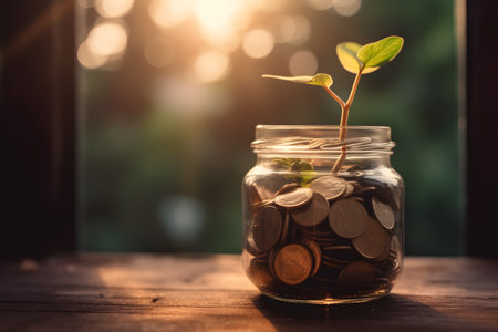plant growing amidst a bed of shimmering gold coins. The meticulously arranged coins represent the solid foundation upon which this growth is built. Generative AIの素材
