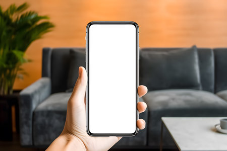 A hand elegantly holds a phone with a blank screen against a cozy living room background. Generative AIの素材