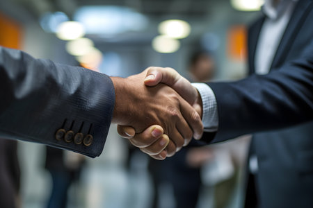 Business executives shaking hands, showcasing the successful conclusion of a meeting and the achievement of shared goals. Generative AIの素材