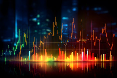 dynamic image of a neon-lit business market chart, symbolizing strategic planning and success in a rapidly changing economy. Generative AIの素材