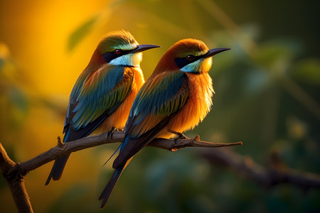 Merops apiasters in the evening sun. This image captures the elegance and grace of these European Bee-eaters as they glide through the golden-tinged sky. Generative AIの素材