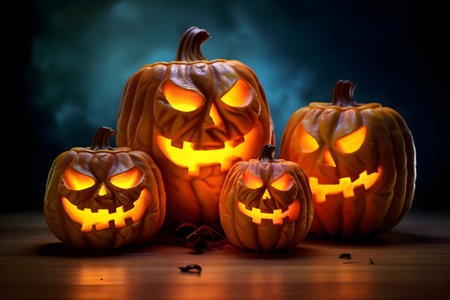 A captivating Halloween scene with a ghostly pumpkin emanating a neon glow, surrounded by swirling smoke for a spine-chilling atmosphere. Generative AIの素材