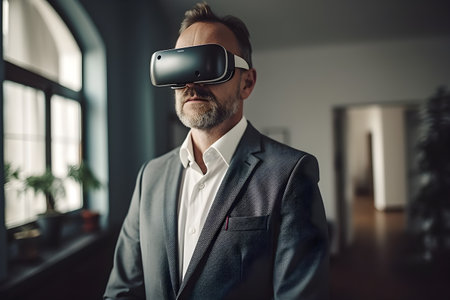 businessman wearing sleek VR glasses is immersed in a virtual reality business meeting. Generative AIの素材