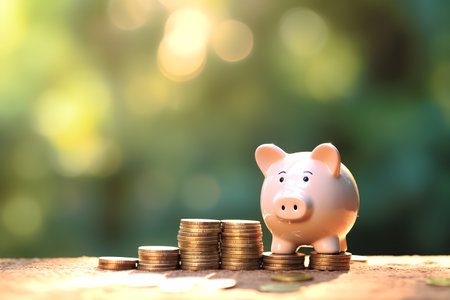 visually pleasing image featuring a piggy bank filled with neatly stacked coins, smart savings, and financial planning for long-term success. Generative AIの素材