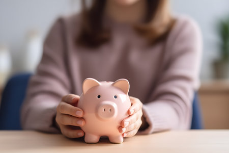 professional businesswoman holds a piggy bank, representing fiscal responsibility, and the importance of financial stability in the business world. Generative AIの素材