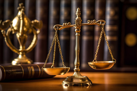 Balancing the Scales of Justice A stunning composition featuring the iconic scales, representing fairness and equality, set against the backdrop of a grand court hall generative AIの素材