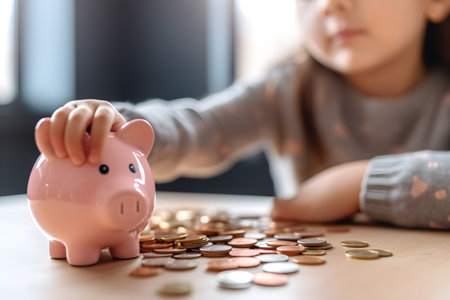Young boy cultivating financial habits, saving for the future, as he puts coins into a cheerful piggy bank. Financial responsibility and growth concept. Generative AIの素材