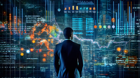 confident businessman expertly delving into the dynamic finance graph, uncovering opportunities and shaping success. Generative AIの素材