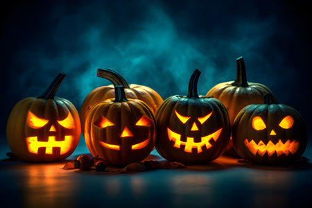 A hauntingly beautiful ghostly pumpkin aglow with neon enchantment, set against a backdrop of swirling smoke, evoking Halloween magic. Generative AIの素材