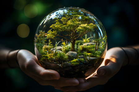 breathtaking capture of a delicate globe cradled in a gentle palm, conveying the importance of environmental stewardship and preservation. generative aiの素材