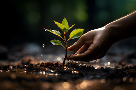 powerful representation of a hand nurturing a young sapling, epitomizing hope, growth, and the vital role trees play in sustaining life on Earth. generative aiの素材
