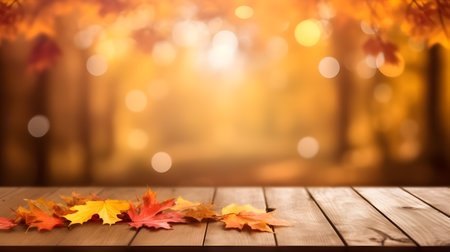 autumn background, border of radiant orange, gold, and red maple leaves frames a sunlit scene, where soft bokeh and weathered wooden table planks complete. generative aiの素材
