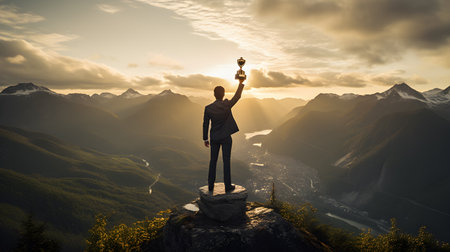 triumphant businessman holds a gleaming trophy, standing atop a majestic mountain, symbolizing achievement and victory. generative aiの素材