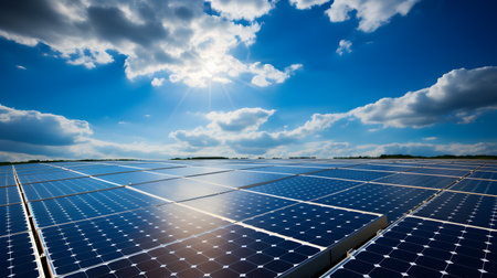 Renewable Power. Photovoltaic Solar Energy Panels against a Clear Blue Sky - Sustainable Technology. generative aiの素材