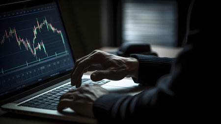 Digital Technology and Finance Businessman Using Laptop to Analyze Stock Market Data. generative aiの素材