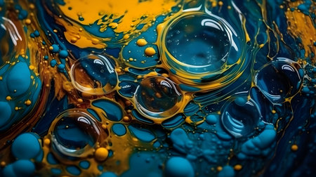 Vibrant Abstract Art: Close-Up Macro of Oil Texture on Blue Yellow Background. generative aiの素材