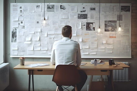 Strategic Business Planning Businessman Watching White Board in Office Room. generative aiの素材