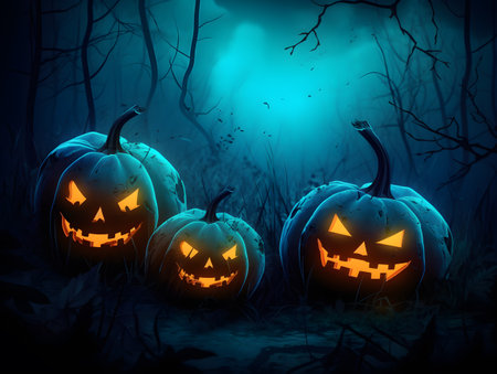 Mystical Halloween Pumpkins, Enchanting Forest Night Illustration. generative aiの素材