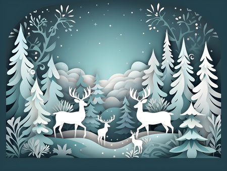 Artistic Merry Christmas and Happy New Year Background Paper Cutout of Snowy Trees and Deer. generative aiの素材