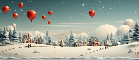 Enchanting Winter Landscape Festive Houses and Red Balloons Soar Across the Magical Sky in an Illustration generative aiの素材