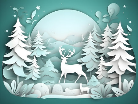 Celebrate the Holiday Season with Merry Christmas and Happy New Year Paper Art Snow, Trees, and Deer. generative aiの素材