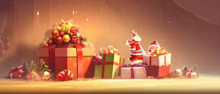 Festive Christmas Delight Vibrant Presents and a Decorated Christmas Tree in a Captivating 3D Illustration generative aiの素材