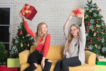 Two young women sitting on sofa raising hand holding gift box with a cheerful expression In a room decorated for Christmasの写真素材