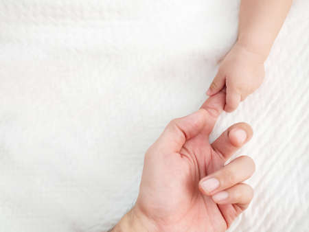 Top view of a little hand of baby  holding finger of a father handの写真素材