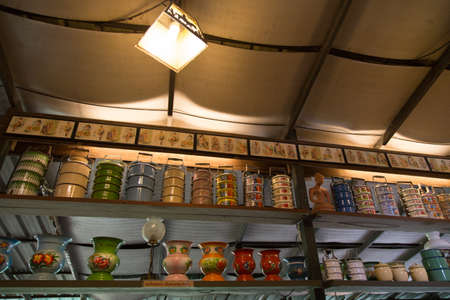 Nakhon Ratchasima, Thailand - July 19: Old vintage food carrier and kitchen accessory interior decoration in Banmaichaynam restaurant on Jul 19, 2013 at Pak chong Nakhon Ratchasima, Thailandのeditorial素材