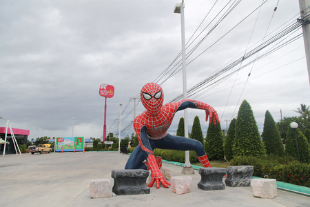 Petchaburi, Thailand - September 1, 2016: Spiderman Statue. Spiderman is famous marvel comic hero. This Spiderman statue is locate at Mae Kim Lung dessert shop in Petchaburi, Thailand.のeditorial素材