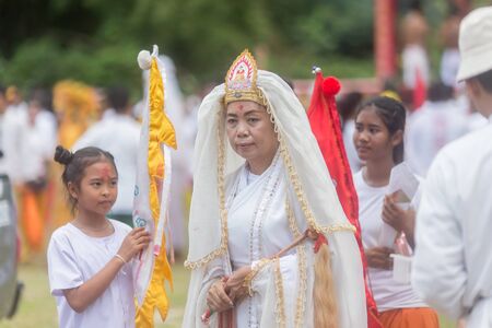 Trang, Thailand - October 15, 2018: Chinese god of Mercy Guan yin spiritual medium at 108 shrine in Palian district during vegetable festival in Trang, Thailand.のeditorial素材