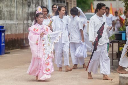 Trang, Thailand - October 15, 2018: Chinese god of Mercy Guan yim spiritual medium at Ta-kham road in Palian district during vegetable festival in Trang, Thailand.のeditorial素材