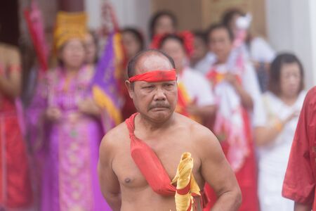 Trang, Thailand - October 15, 2018: Chinese god spiritual medium during vegetable festival in Trang, Thailand.のeditorial素材