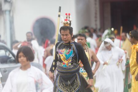 Trang, Thailand - October 15, 2018: Chinese god Monkey King spiritual medium during vegetable...