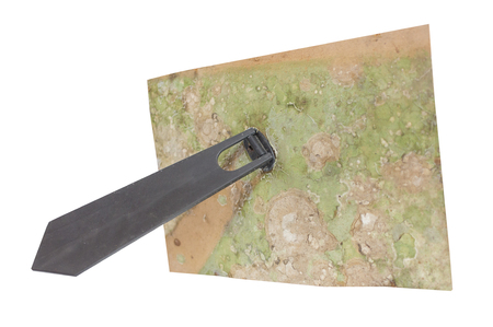 old dirty fungus on back of photo frame with stand  isolated on whiteの写真素材