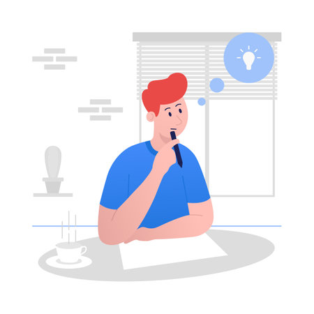 Man working at the desk with paper and looking up with light idea bulb above his head. Man sitting and sipping coffee while working on the desk. Man thinking down new Ideas.のイラスト素材