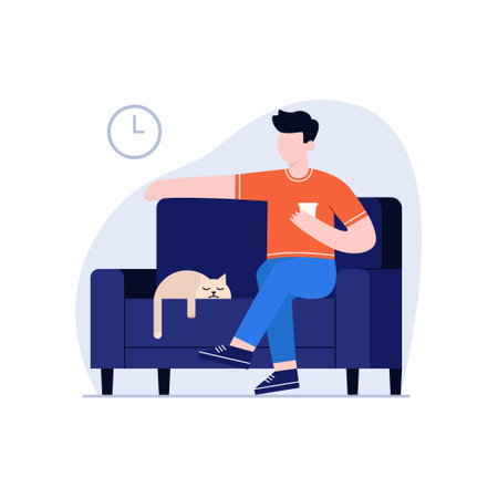 Man sitting on sofa and holding a cup of tea. Young man sitting on the couch and resting. Cat sleeping on sofa.のイラスト素材